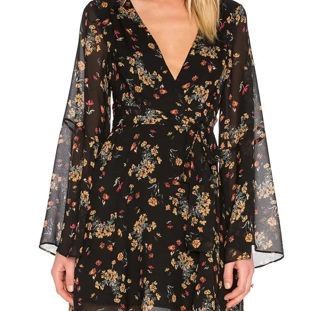 Free People Lilou Black Retro Floral Skater Mini Dress Size Small